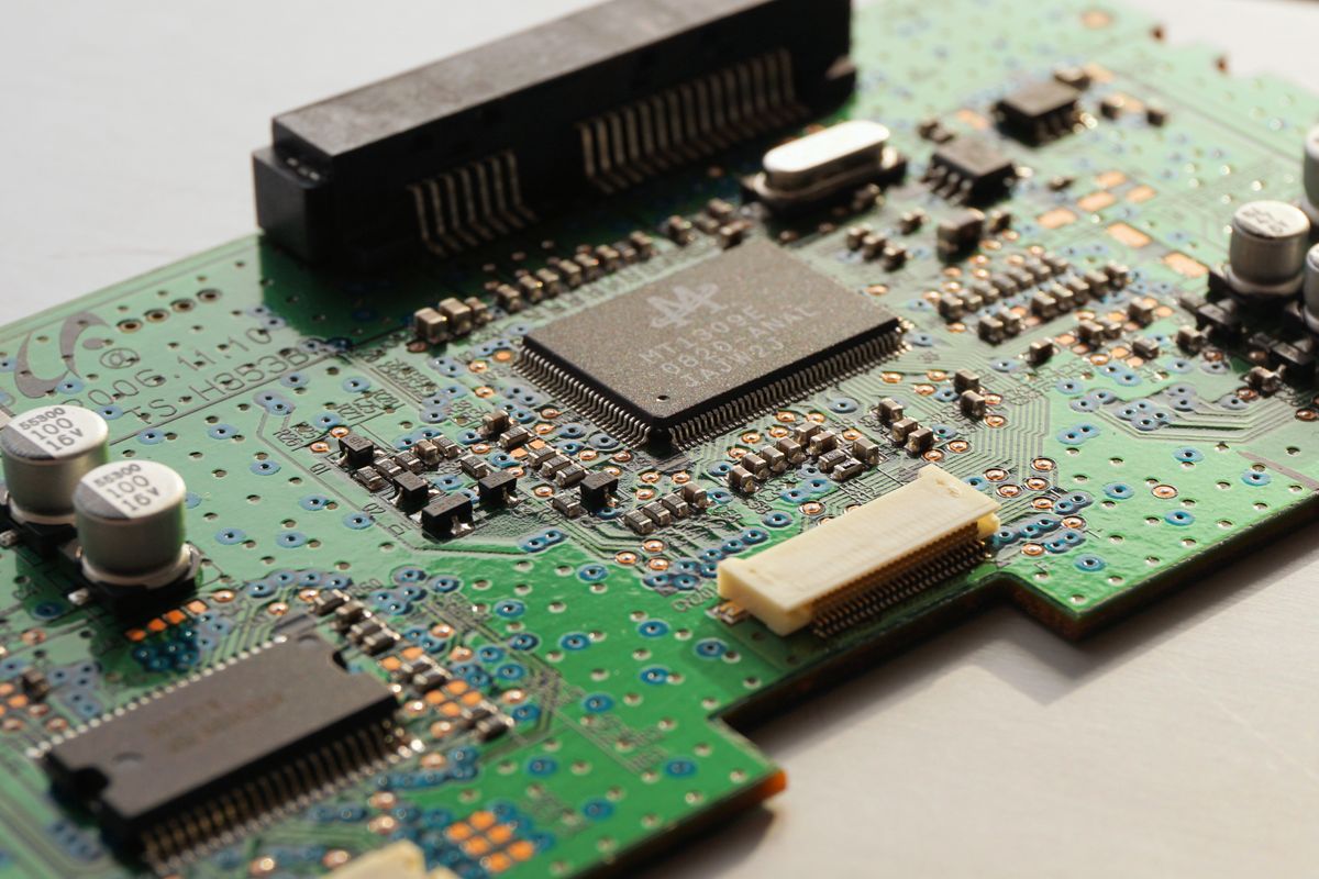 Close view of chips, connectors and components on a circuit board